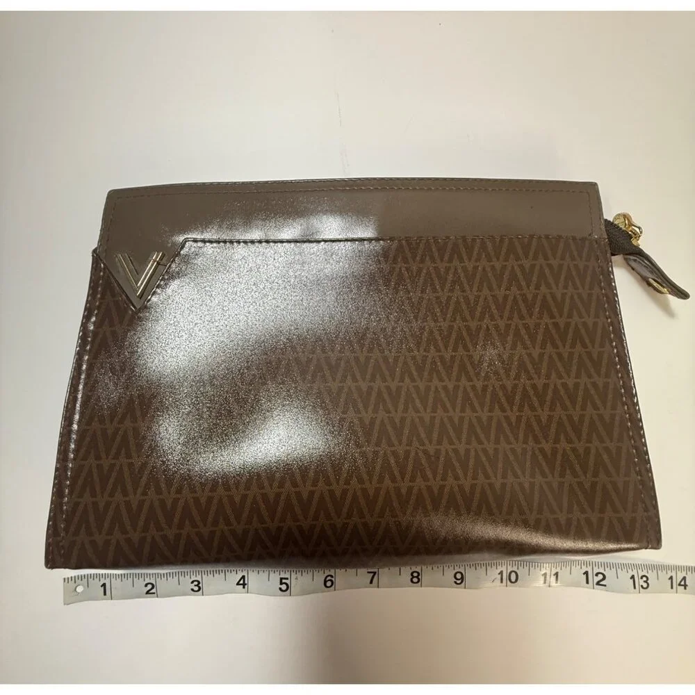Authentic Valentino Monogram Clutch Bag Brown & Gold Faux Leather Zip Closure 11